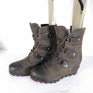 Sorel Women's Joan of Arctic US 7,5 Brown Leather Lace Up Wedge Mid-Calf Boots